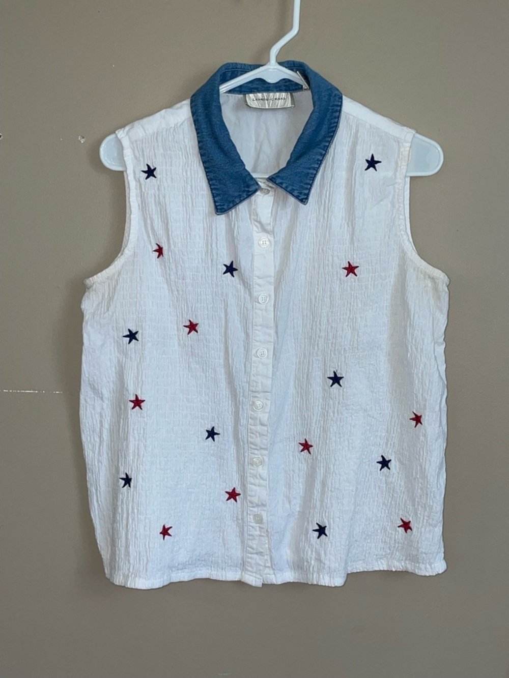 Lemon Grass white “patriotic stars” pucker poplin denim collar shirt size L